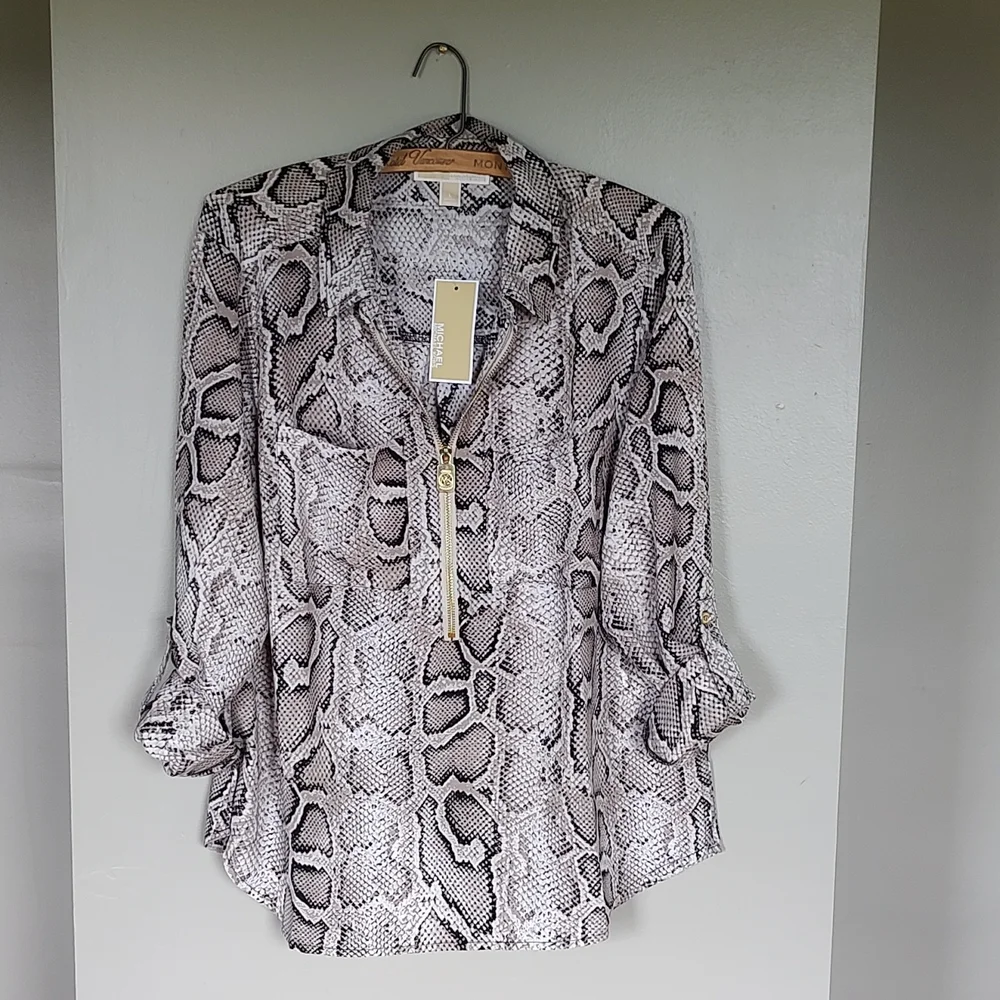 NWT! Michael Kors Logo Snake Print Zippered Blouse Foldover Sleeves - Picture 4 of 8